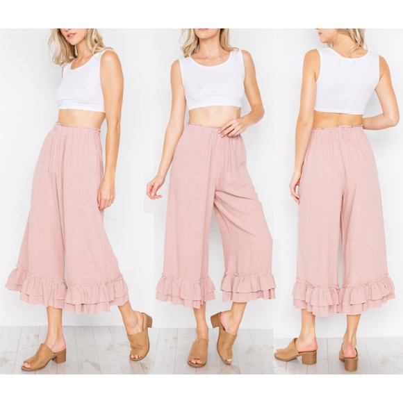 Last☝️Linen/Cotton Ruffle High Waist Culotte Pants - Picture 7 of 8